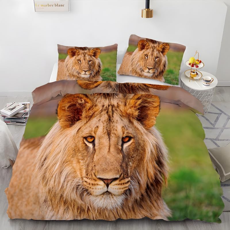 Green Lion Duvet Cover Queen Animal Print Bedding Sets Queen Soft Microfiber Comforter Cover and 2 Pillow Shams 20″X26″, Bed Set Duvet Covers with