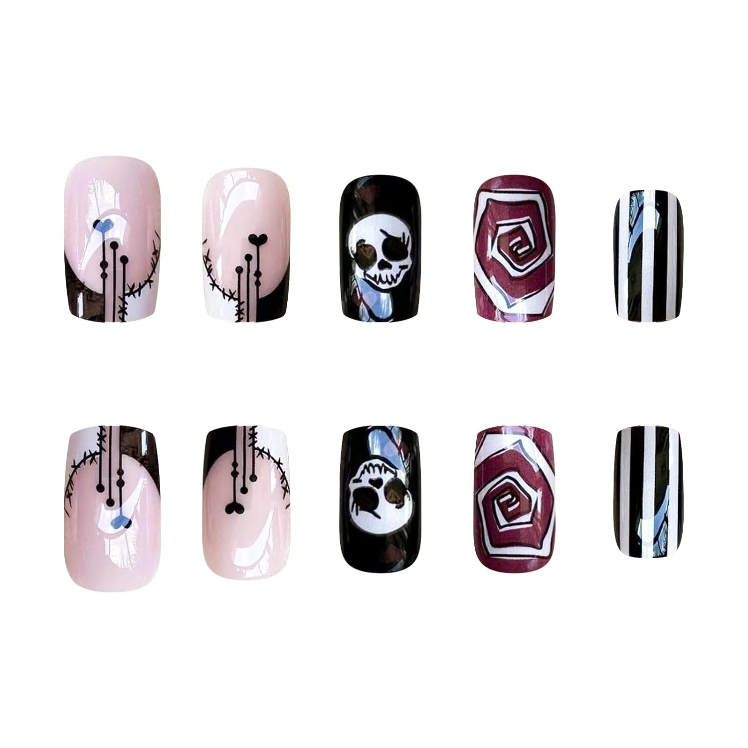 Uñas postizas a presión para Halloween, uñas postizas cuadradas cortas con punta francesa, color rosa, cobertura completa, calavera de azúcar,