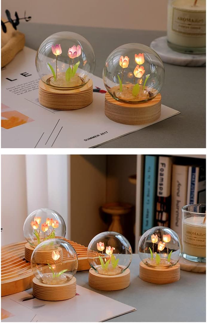 Luz nocturna estética de flores, bonita lámpara de noche de tulipanes para niños y adultos, cama de ensueño, lindas lámparas de luz nocturna para