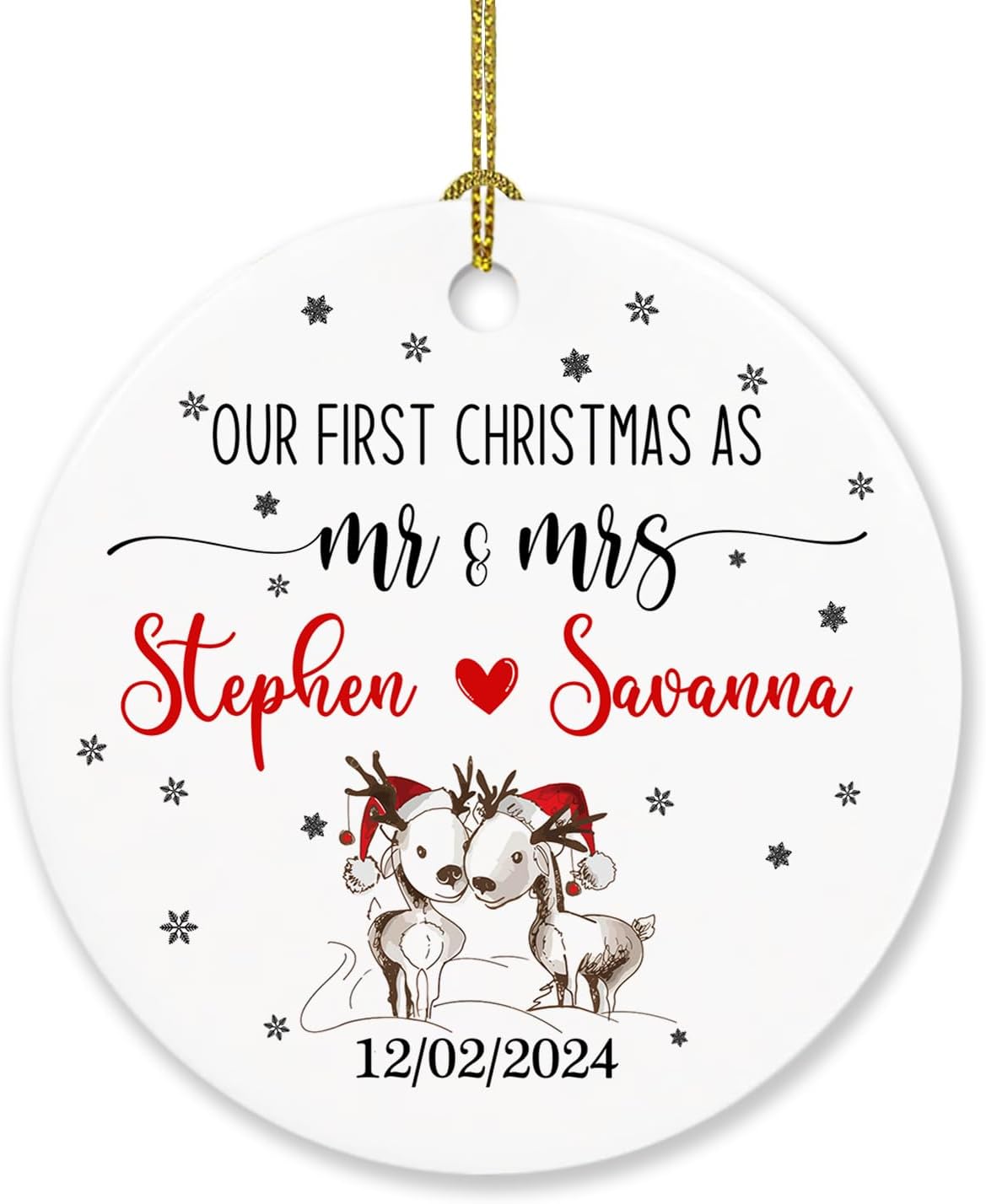Adorno personalizable con texto en inglés Our First Christmas As Mr & Mrs 2023, adorno de 1 Navidad como Mr Mrs Deer para parejas casadas, nombres