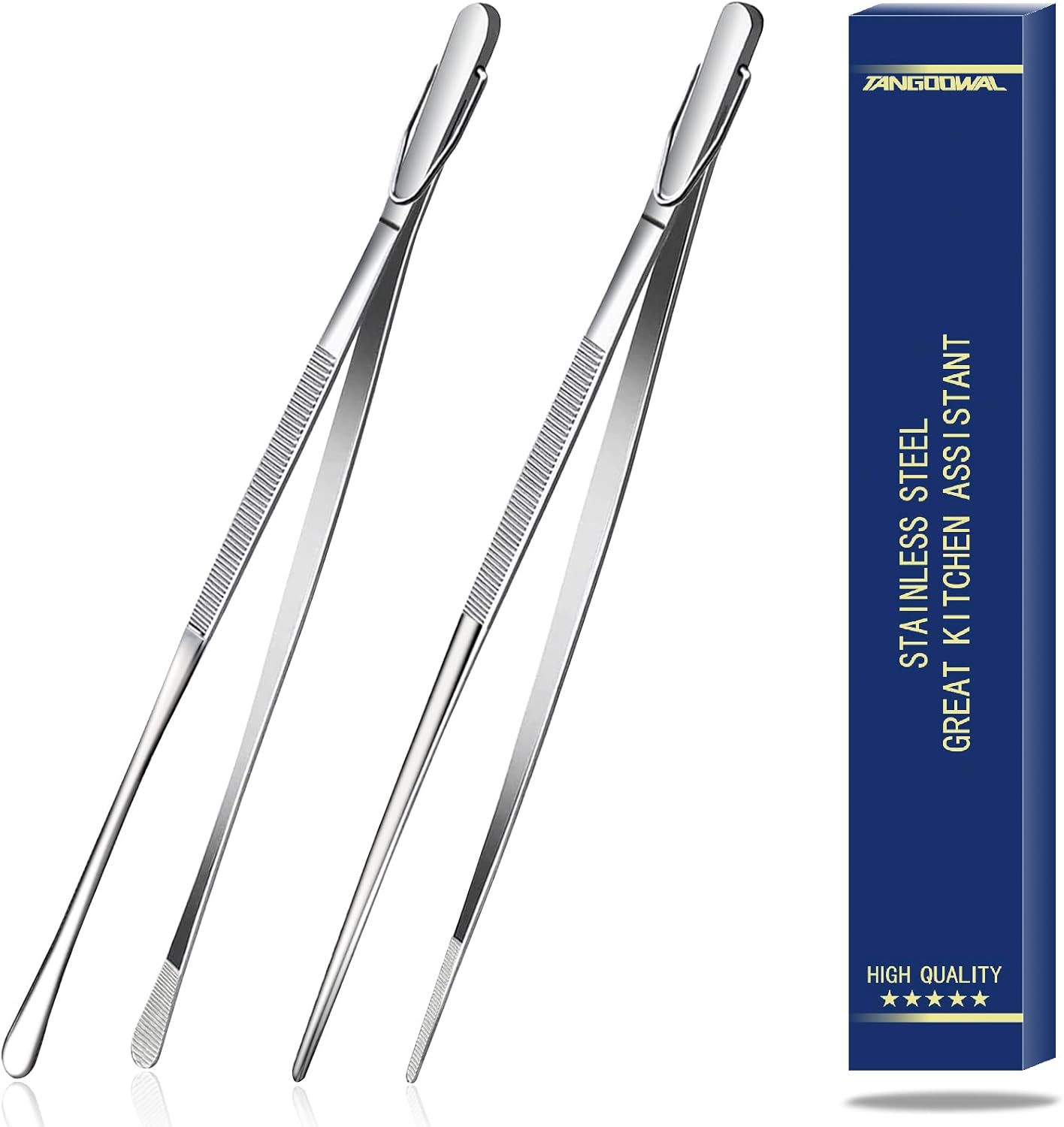 Tangoowal 2 pinzas largas y finas de 12 pulgadas para cocinar, pinzas de cocina y cocina de acero inoxidable