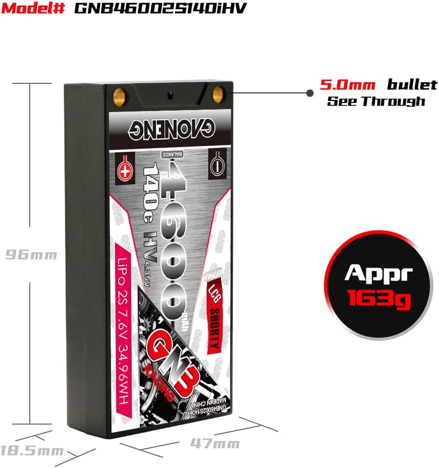 GAONENG HV GNB 4600MAH 2S 7.6V 140C 0.197 in Bullet Hard Case LCG Shorty Thin Super Shorty Hard Case RC LiPo Batería RC Coche 112 110