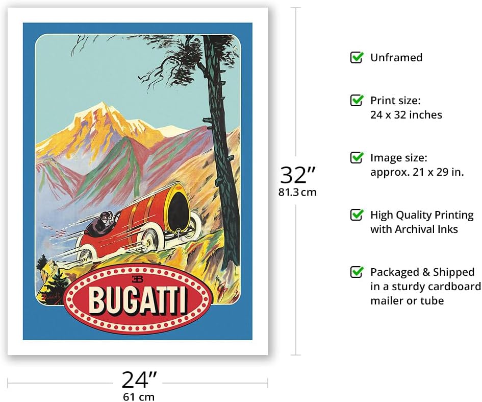 Bugatti Race Cars – Vintage Car Racing Poster by Donnelli c.1912 – Fine Art Matte Paper Print (Unframed) 24x32in