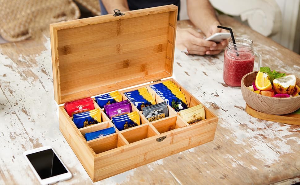 Caja de té de bambú, el mejor regalo para la familia, ajustable, 16 compartimentos, soporte para almacenamiento de té, organizador con tapa de