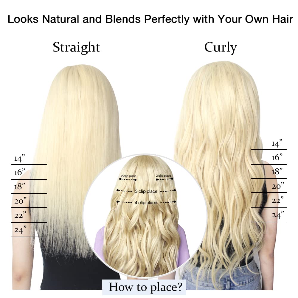 Extensiones de cabello real con broches, con clips de poliuretano, extensiones de cabello sin costuras, color rubio platino, #60, 16 pulgadas, 4.33