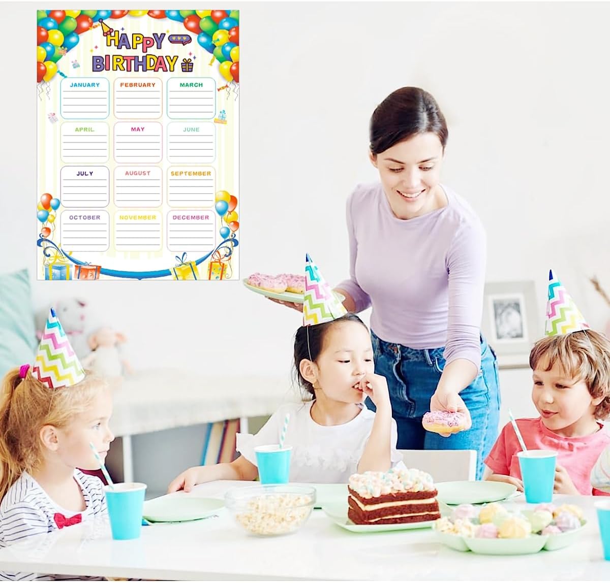 Paquete de 4 carteles de feliz cumpleaños para decoración de aula, recortes de calendario de cumpleaños para tablón de anuncios escolar, pizarras de