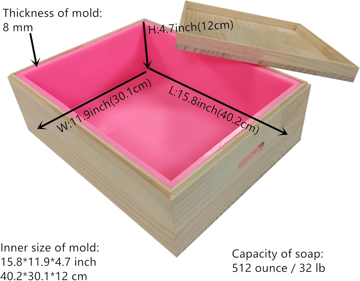 Molde de jabón de silicona de gran tamaño con estuche de madera de 32 libras, 512 onzas, 14.5 L, molde de losa de silicona con tapa de caja de