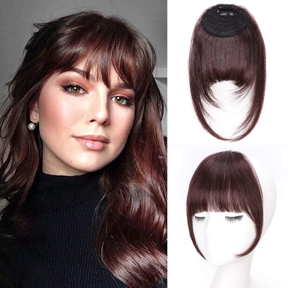 GongXiu – Extensiones de cabello humano real con clip, color negro natural, flequillo liso y plano con sienes para mujer (marrón rojizo oscuro,