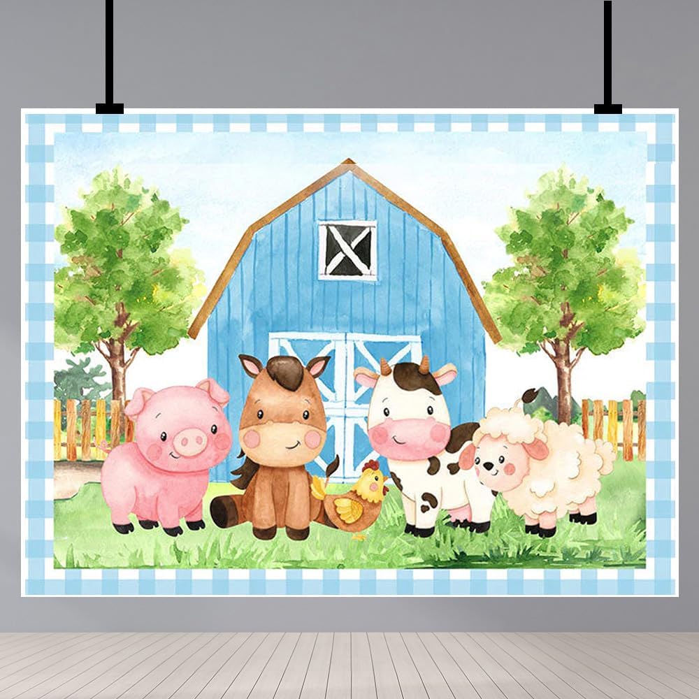 Telones de fondo de cumpleaños de granja para niños, granero azul, animales de granja, fondo de fotografía, tema de animales de granja, decoración
