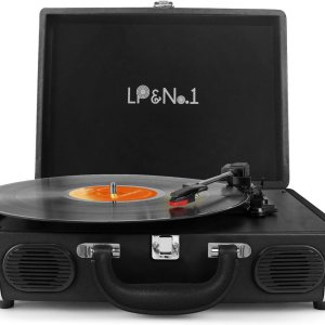 LP&No.1 Tocadiscos portátil de maleta con altavoz estéreo, reproductor de discos de vinilo de 3 velocidades con transmisión por correa, negro clásico LP&No.1 Tocadiscos portátil de maleta con altavoz estéreo, reproductor de discos de vinilo de 3 velocidades con transmisión por correa, negro clásico