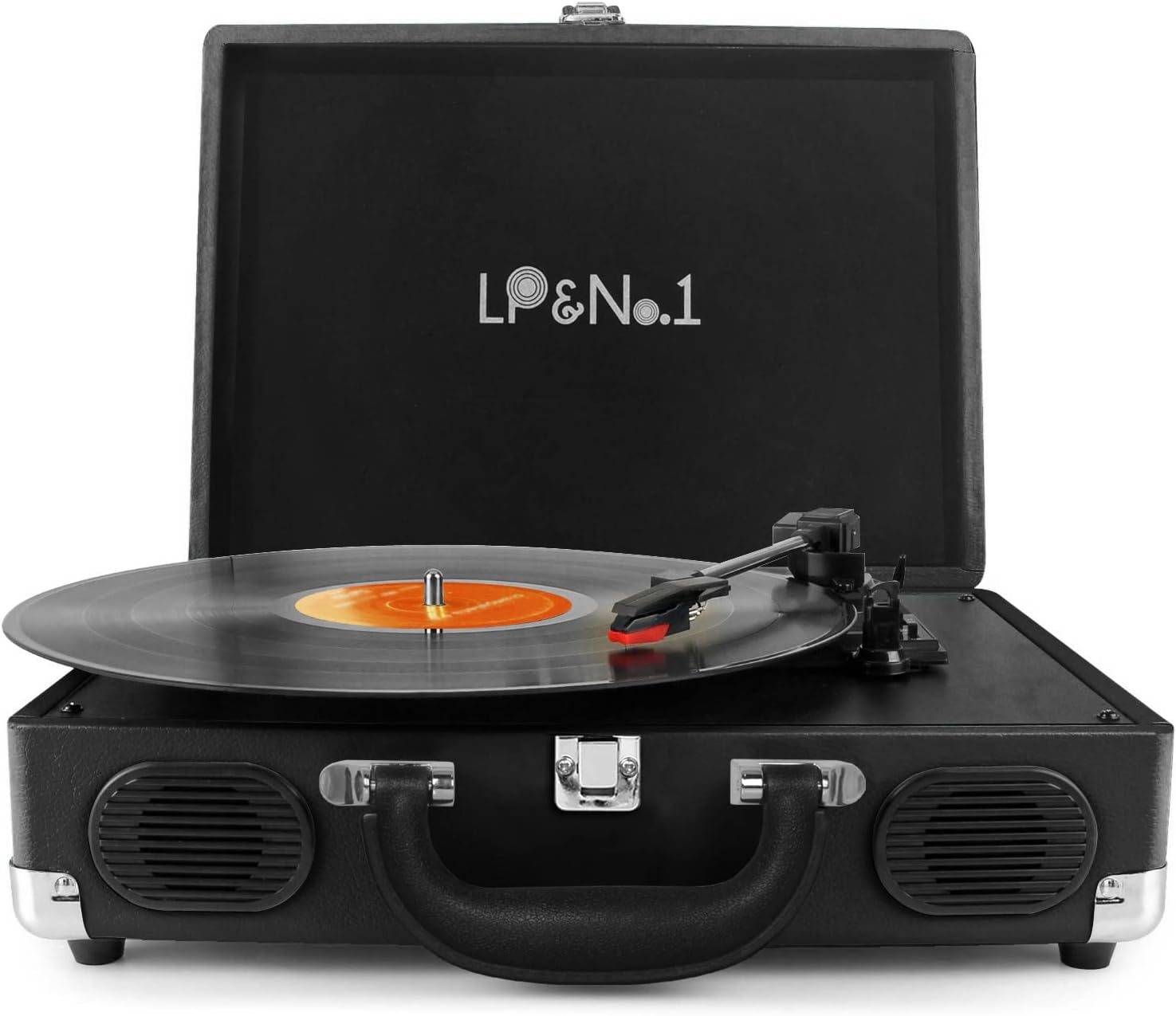 LP&No.1 Tocadiscos portátil de maleta con altavoz estéreo, reproductor de discos de vinilo de 3 velocidades con transmisión por correa, negro clásico