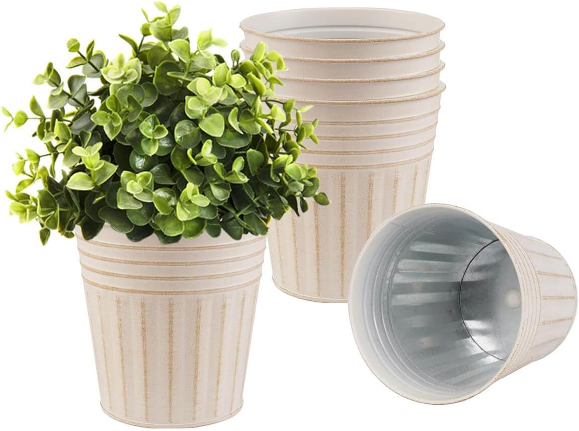 vensovo Macetas rústicas de metal de 6 pulgadas  6 macetas galvanizadas medianas beige con orificio de drenaje y tapón de goma, macetas de metal