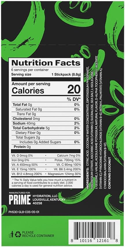 Prime Hydration + Paquete de palitos  GLOWBERRY  6 varillas  Mezcla de bebida con electrolitos  10% de agua de coco  250 mg de BCAA  Antioxidantes