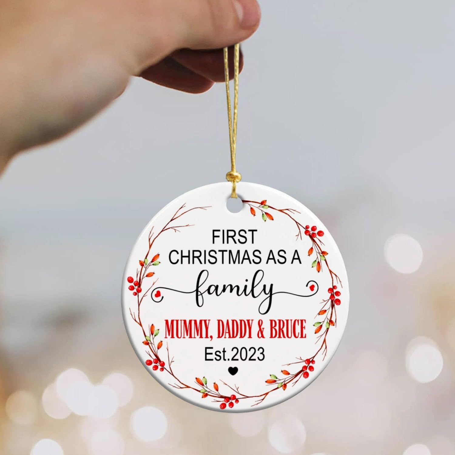 Adorno de cerámica personalizado para la primera Navidad como una familia de tres 2023, adorno de Navidad personalizado para la primera Navidad como