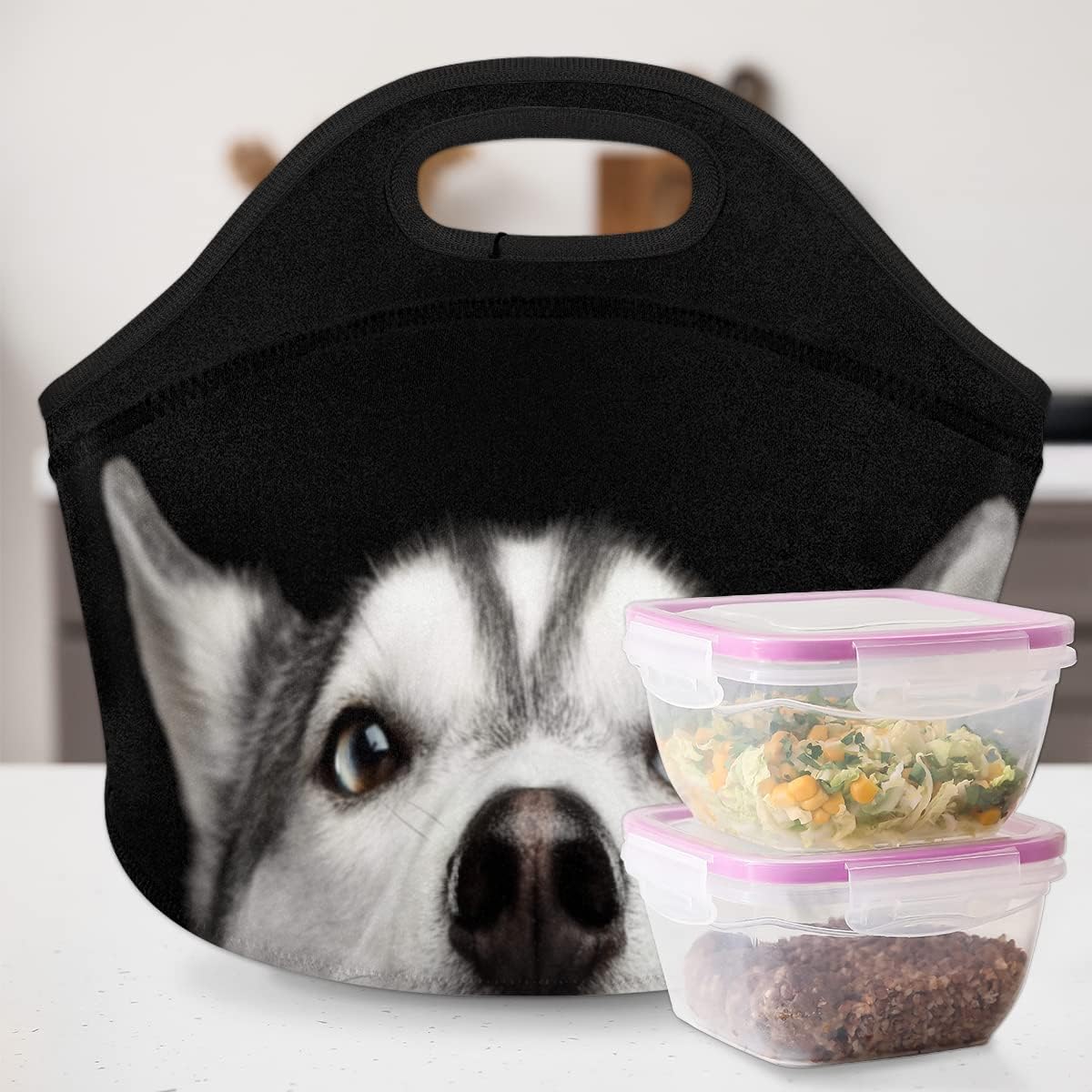 Bolsa de almuerzo de neopreno reutilizable con diseño de perro Husky con diseño de animales, bolsa térmica para comidas, bolsa de almuerzo
