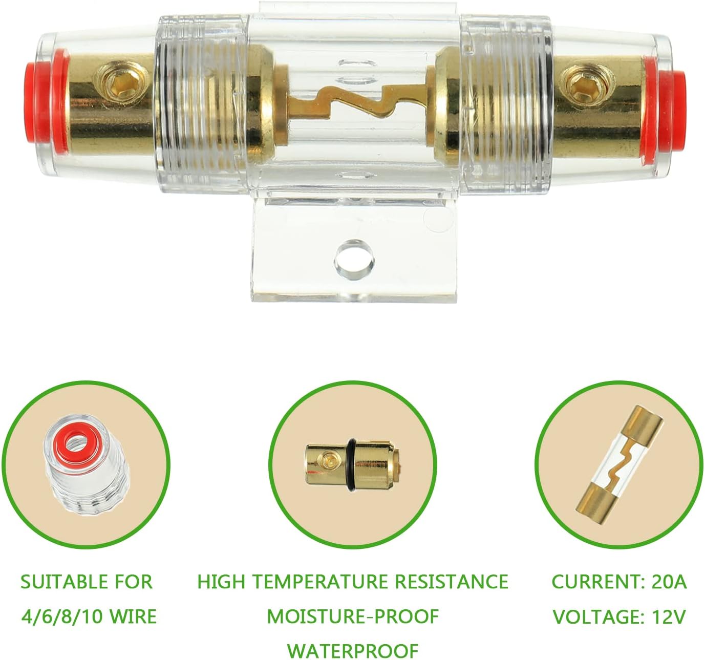 Portafusibles en línea AWG calibre 4-8 con fusibles AGU de 20 A para audio de automóvil, alarma, amplificador, compresores, portafusibles en línea