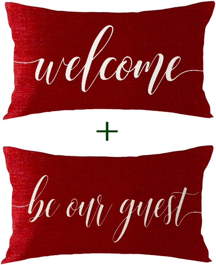 Juego de 2 fundas de cojín decorativas de lino y algodón, con frase en rojo, para cama familiar, sofá y exteriores, 12 x 20 pulgadas (rojo oscuro)
