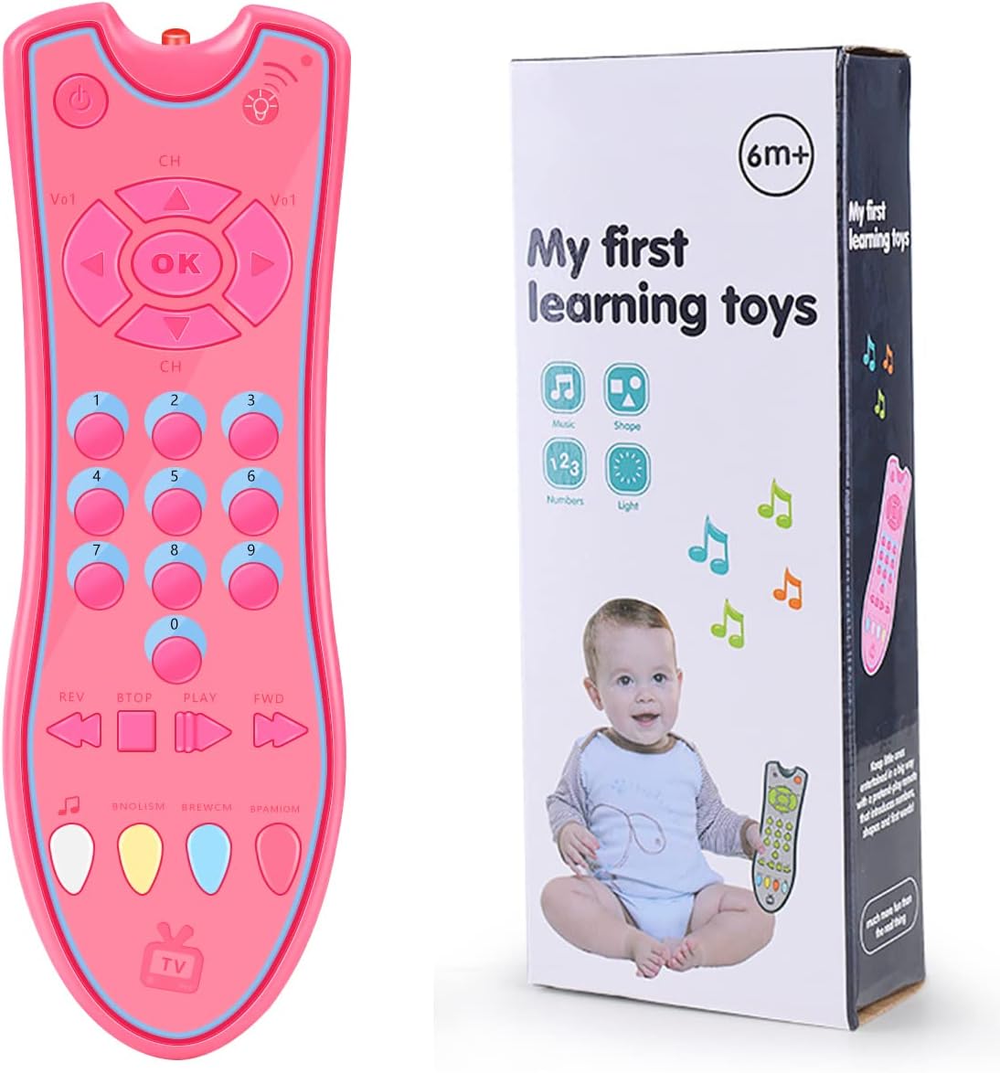 Juguete de control remoto de TV para bebés con luz y sonido, juguete de control remoto realista para niños con inglés, francés, español 3 idiomas,