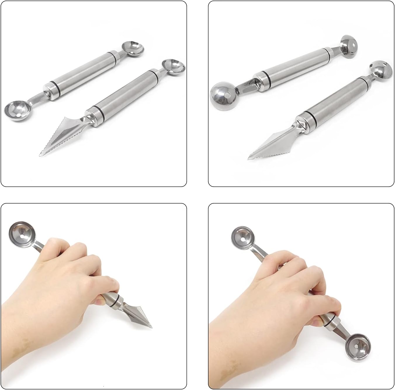 Honbay 2 piezas de acero inoxidable de doble cabeza de melón Baller Scoop cuchillo para tallar frutas, cuchara de cocina de doble propósito,