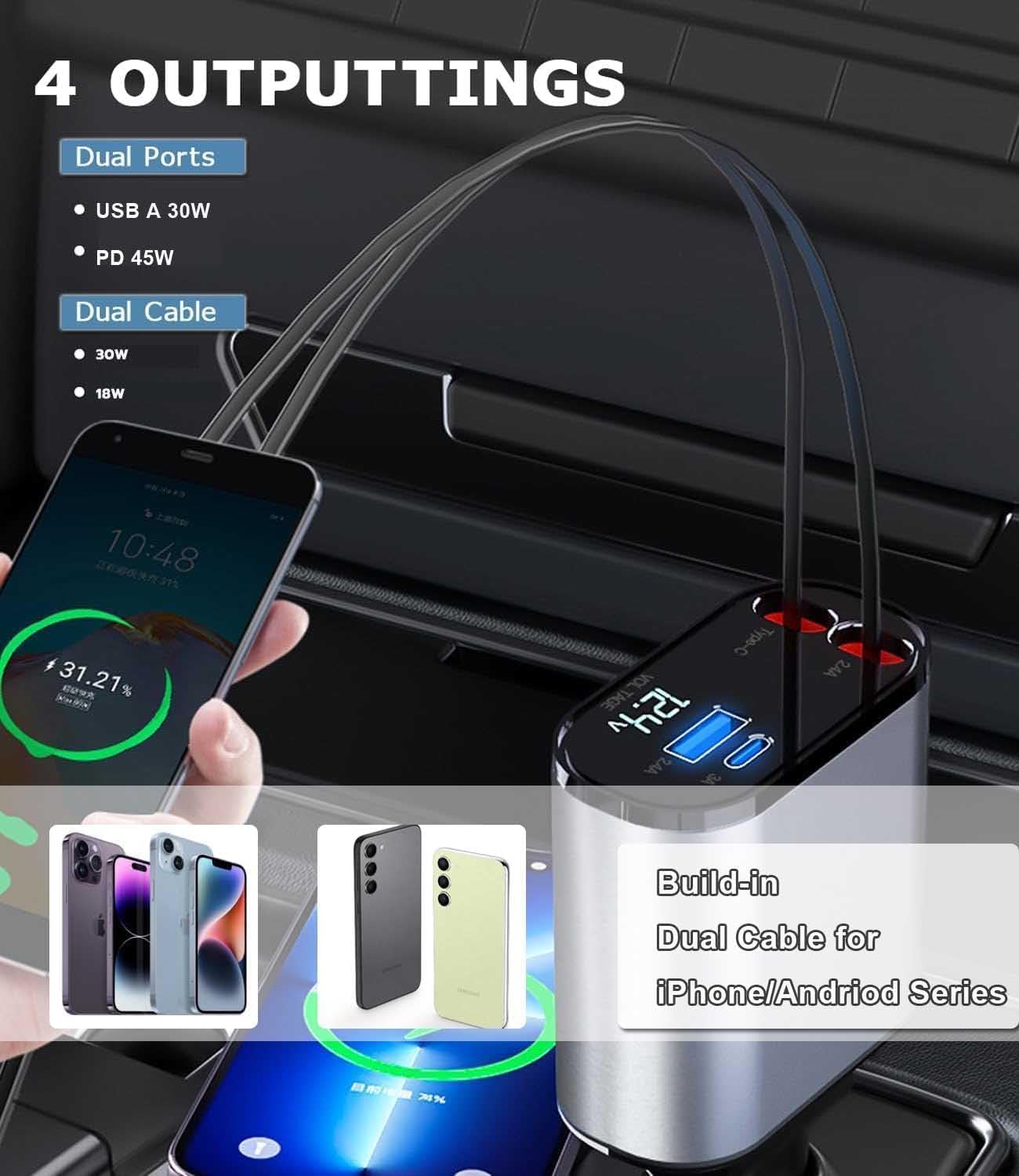 Cargador de coche retráctil 4 en 1 con cable USB retráctil dual, puerto USB A PD medidor de voltaje adaptador de encendedor de cigarrillos USB para