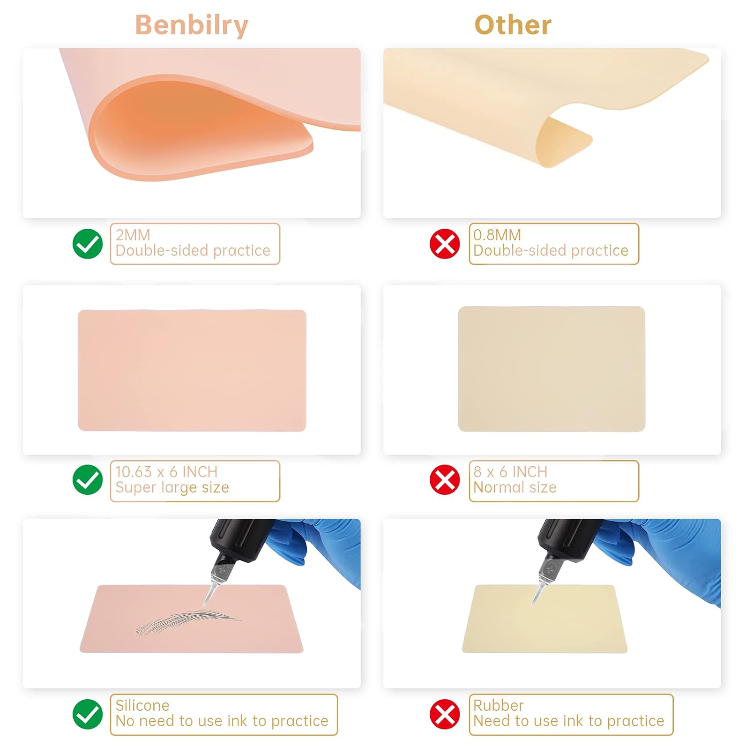 Benbilry Piel de práctica de tatuaje en blanco, 10.7 x 6 pulgadas de grosor de doble cara para tatuar cejas, tamaño grande, 5 hojas para