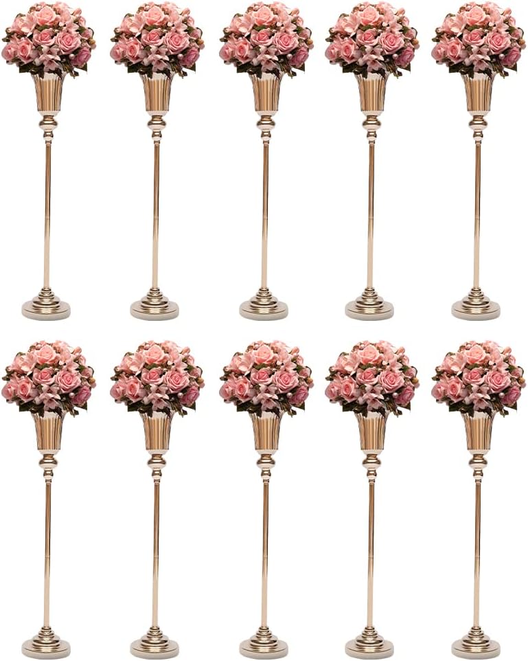 Jarrón dorado para centros de mesa, 10 jarrones de piso de 30.3 in30 pulgadas de alto, centros de mesa de boda para mesa de metal, soporte de flores