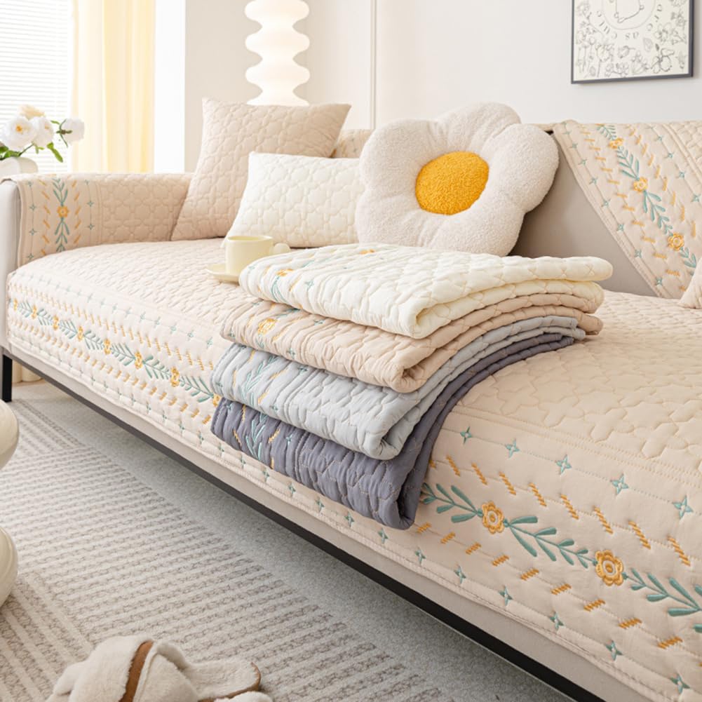 vctops Funda acolchada de algodón para sofá, funda de sofá modular con bordado floral de granja antideslizante, protector de muebles para niños,