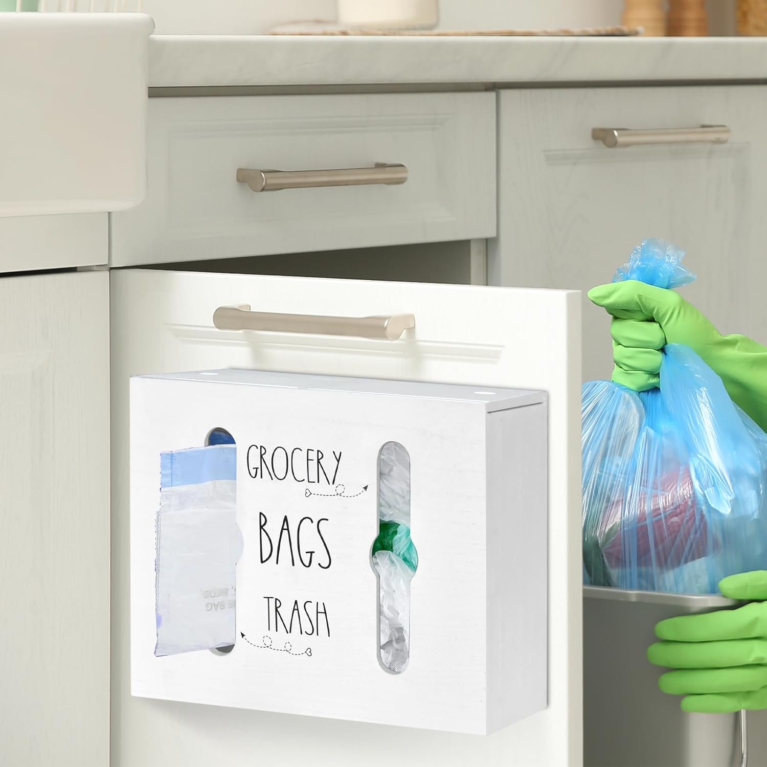 SOWA Soporte para bolsas de plástico de madera y dispensador de bolsas de basura, dispensador de bolsas de plástico 2 en 1 para bolsas de