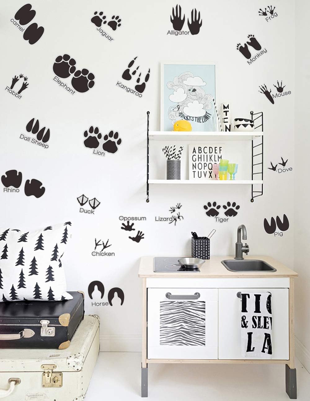 Calcomanías de pared de pistas de animales (20 unidades), calcomanías de pared de animales con pistas de animales, calcomanías de pared para sala de