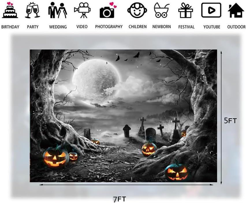 LTLYH Telón de fondo de fotografía de Halloween de 7 x 5 pies, decoración de noche de terror, telón de fondo de fotos de calabaza aterradora, luna,
