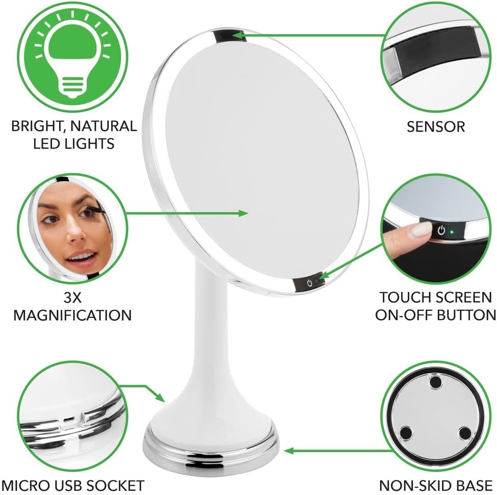 mDesign Espejo de tocador de baño con sensor de movimiento moderno con luz LED, redondo grande de 8 pulgadas, aumento 3X, manos libres, recargable e
