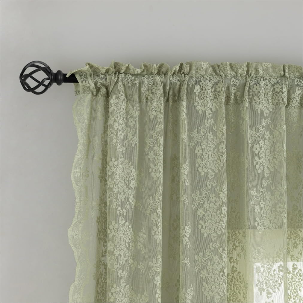 Cortinas de encaje verde salvia de 63 pulgadas de largo para dormitorio, 2 paneles, elegantes cortinas bordadas semitransparentes para sala de