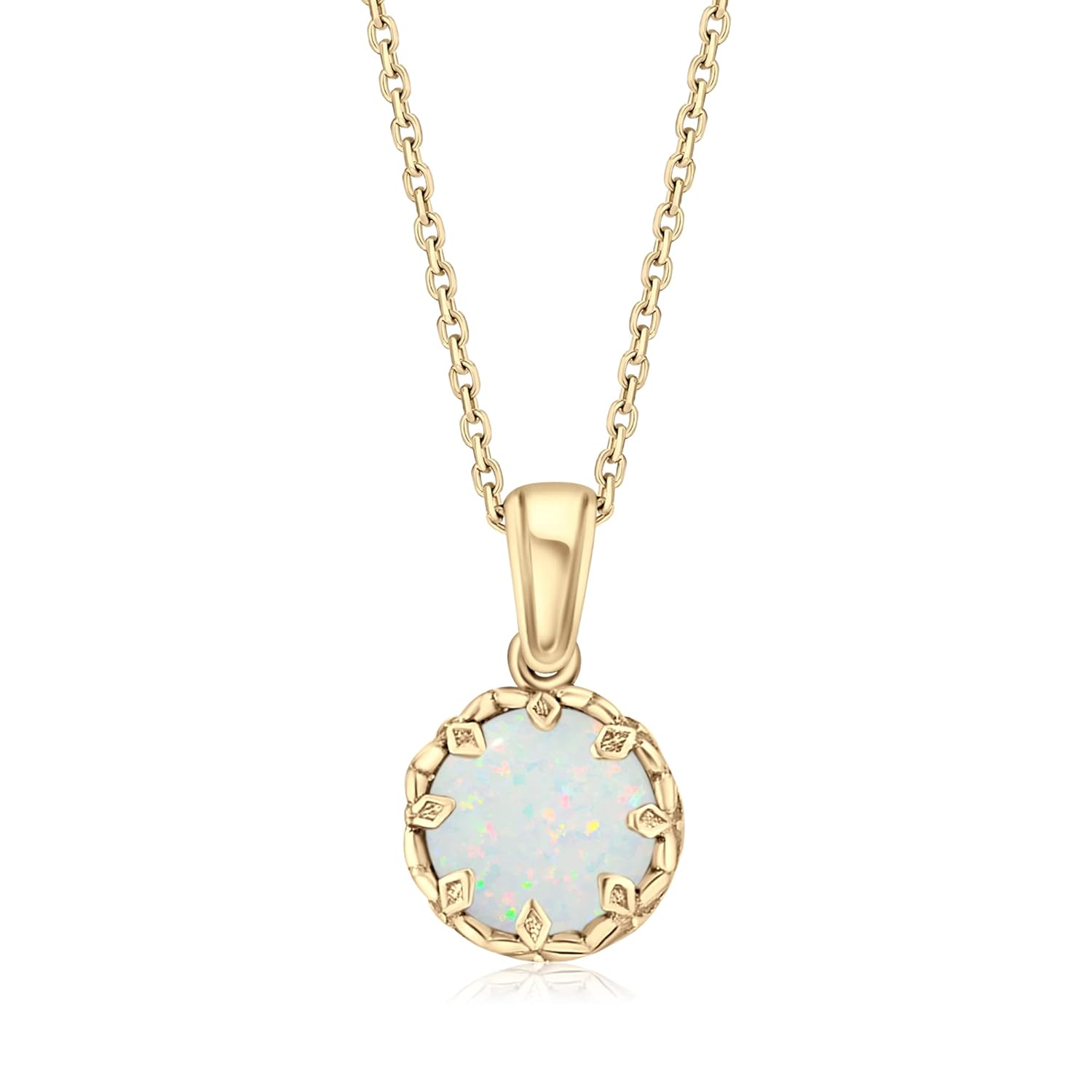 White Opal Pendant Necklace for Women in 14k Yellow Gold Plated on 925 Sterling Silver – October Birthstone 8mm Round Cut Gemstone – Vintage