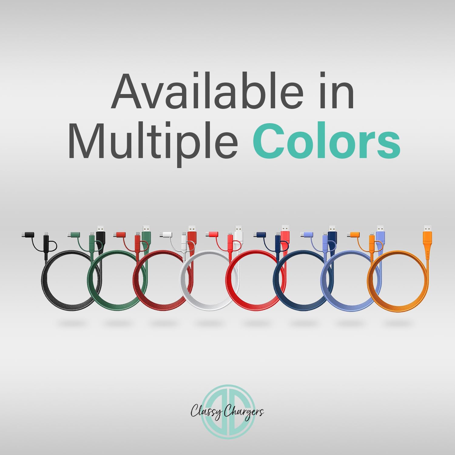 Classy Chargers Cables de carga universales de nailon 3 en 1 para iPhone, Android y más, cable Lightning certificado de 6 pies, tipo C, micro USB,