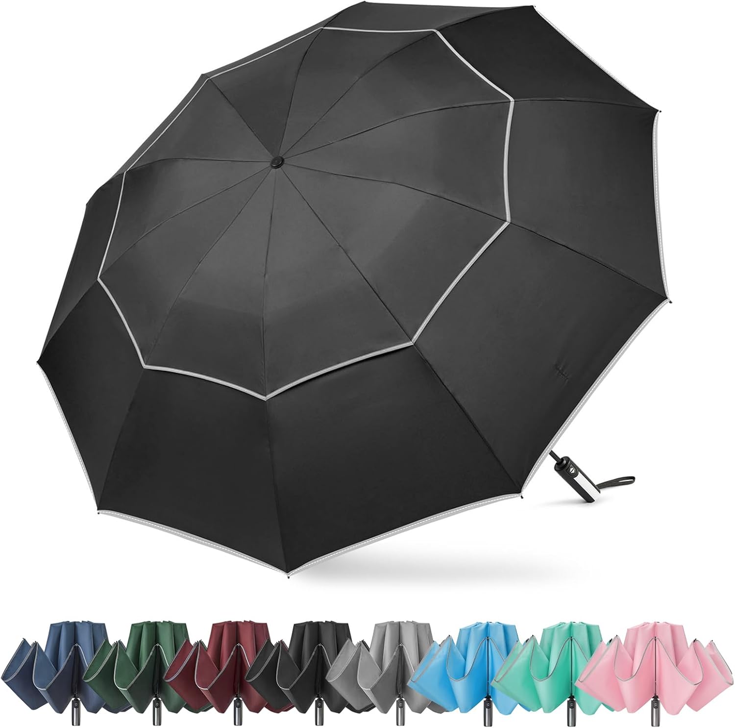 G4Free Paraguas invertido resistente al viento de 62 pulgadas con rayas reflectantes, paraguas grande y compacto de golf para lluvia, 10 varillas,