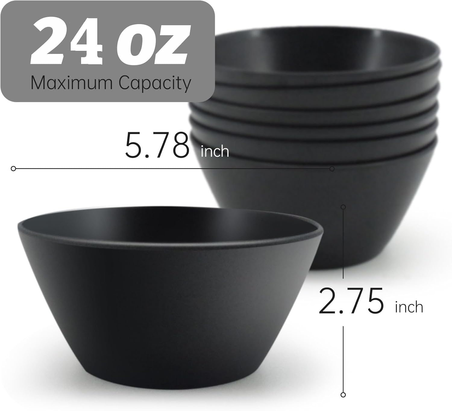 Juego de 6 cuencos de fibra de bambú para cereales, cuencos de sopa de 24 onzas, color negro, juego de cuencos de melamina grandes para cocina,