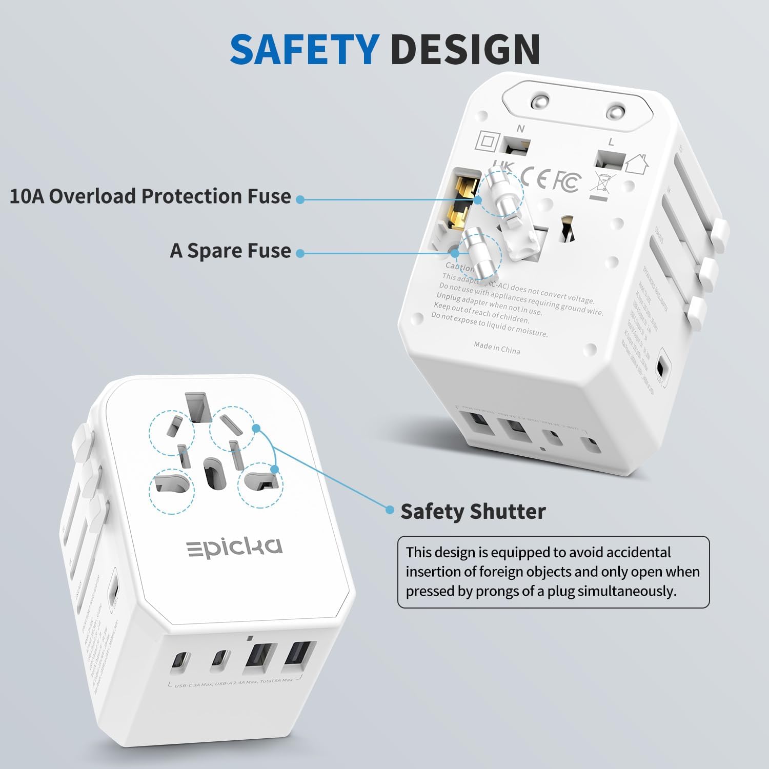 EPICKA Adaptador de viaje universal, adaptador de enchufe de alimentación internacional con 3 puertos USB-C y 2 puertos USB-A, cargador de pared