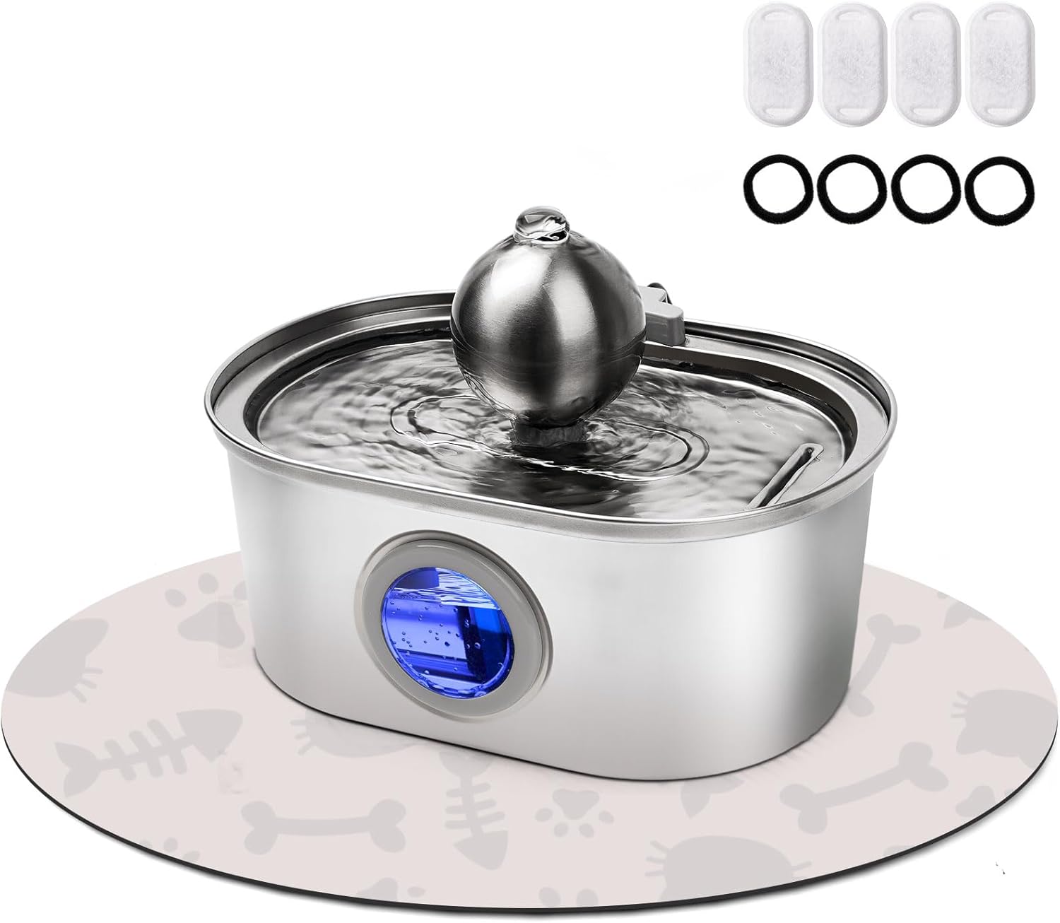 Fuente de agua de acero inoxidable para gatos en interiores, dispensador automático de agua para gatos de 108 oz3.2 L con ventana de nivel de agua,