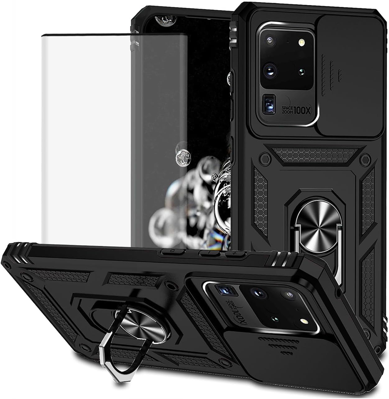Yodueiv Funda para Galaxy S20 UltraSamsung S20 Ultra SM-G988U con protector de pantalla de vidrio templado y cubierta para cámara deslizante, anillo