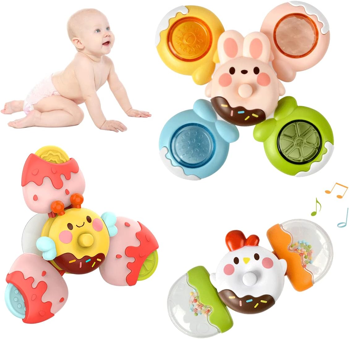 Juguetes giratorios de ventosa con sonajeros y mordedor, fuerte ventosa para baño o apilamiento, juguetes giratorios sensoriales, juguetes de sillas