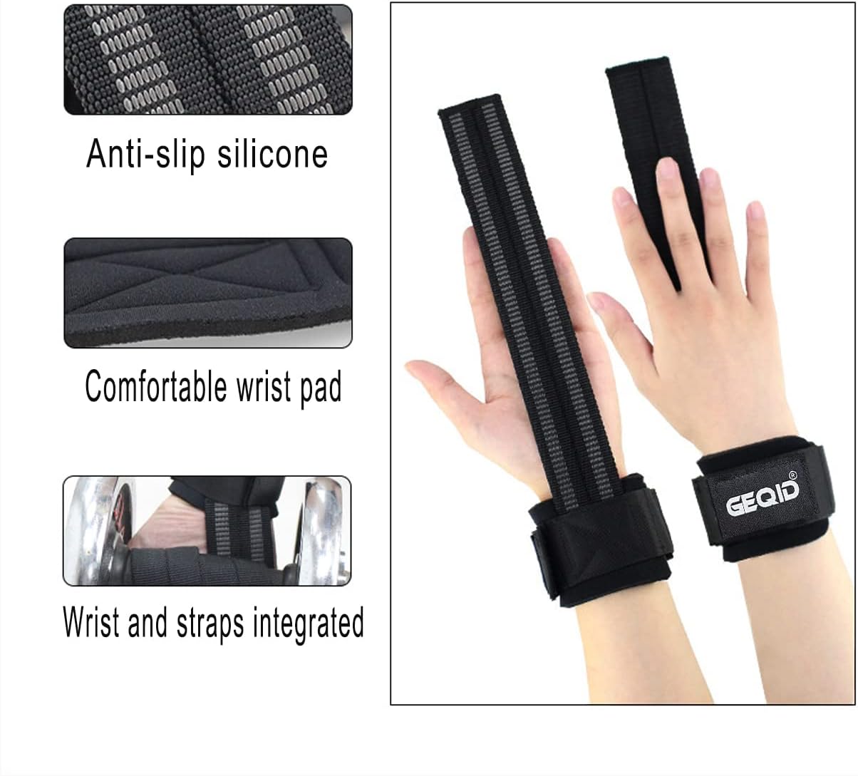 GEQID – Correas de levantamiento para levantamiento de pesas, muñequera y correas de agarre 2 en 1, correas de muñeca para barra de entrenamiento de