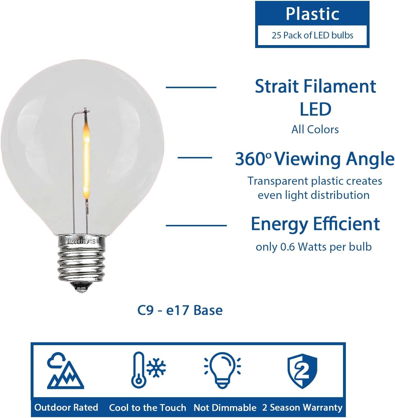 Novelty Lights Paquete de 25 bombillas LED G50, E17 C9 con base de tornillo intermedia, inastillables, para exteriores, bombillas de globo