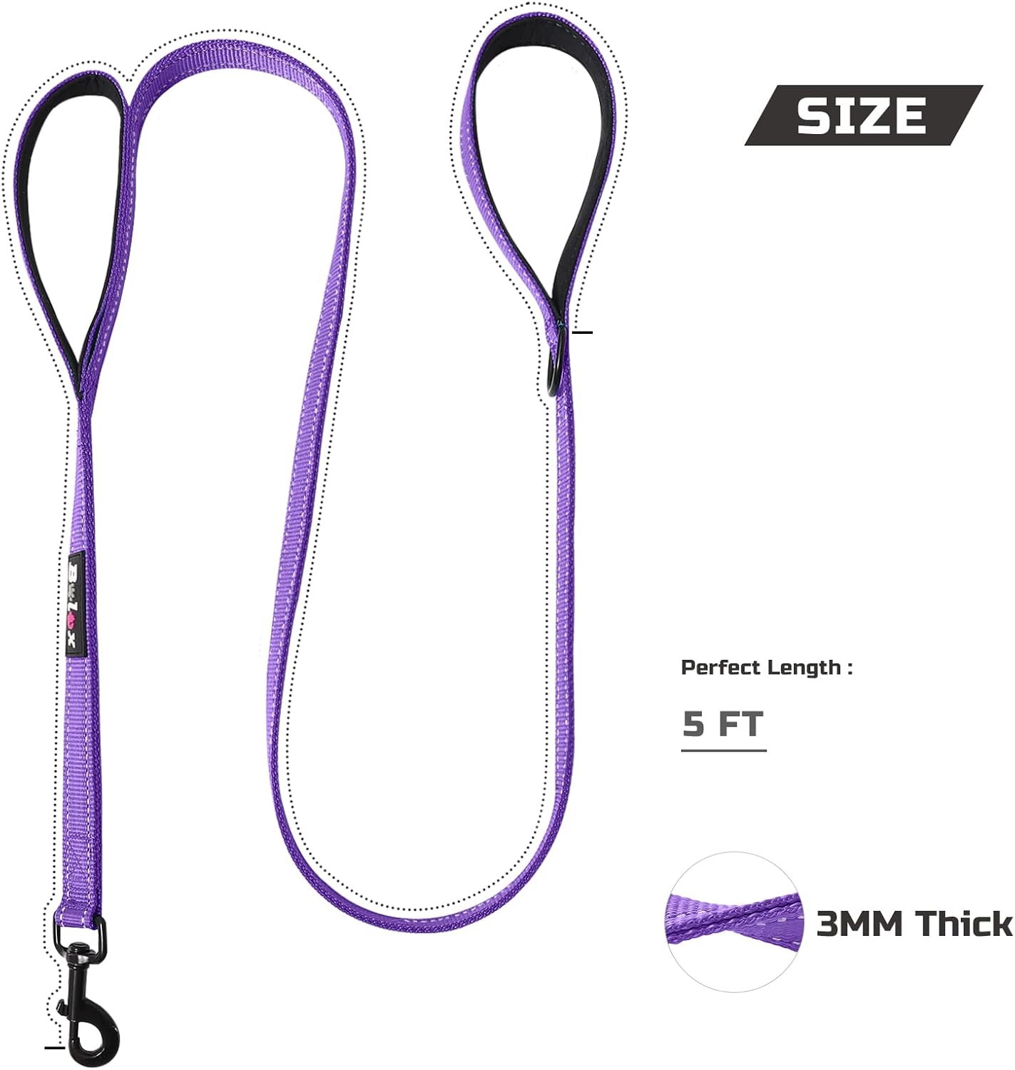 Bolux Correa para perro de 5 pies, correa de cuerda resistente con 2 asas acolchadas, correa de entrenamiento de mascotas con doble asa reflectante