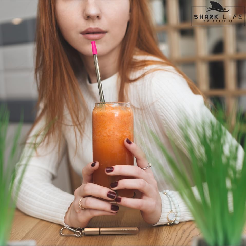 SharkLife – Pajita telescópica de viaje reutilizable con estuche, un cepillo de limpieza y boquilla de silicona suave, popote de acero inoxidable,