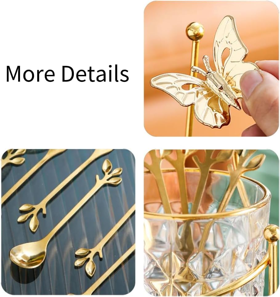 6 cucharas de café y tenedores con soporte de vidrio, pequeñas cucharas de té doradas de acero inoxidable, juego de mini tenedores de postre para