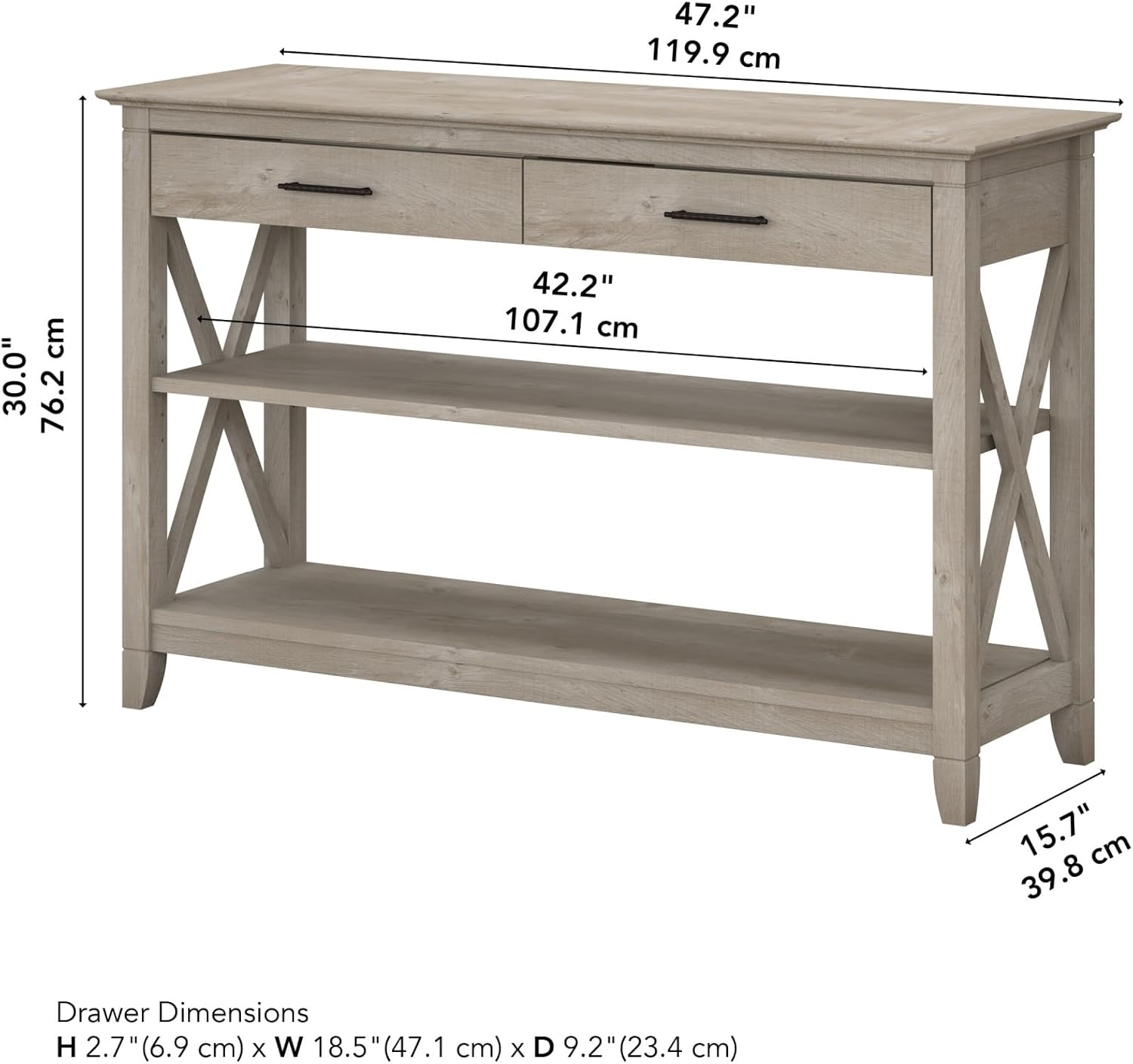Bush Furniture Key West Console Table with Drawers and Shelves in Washed Gray