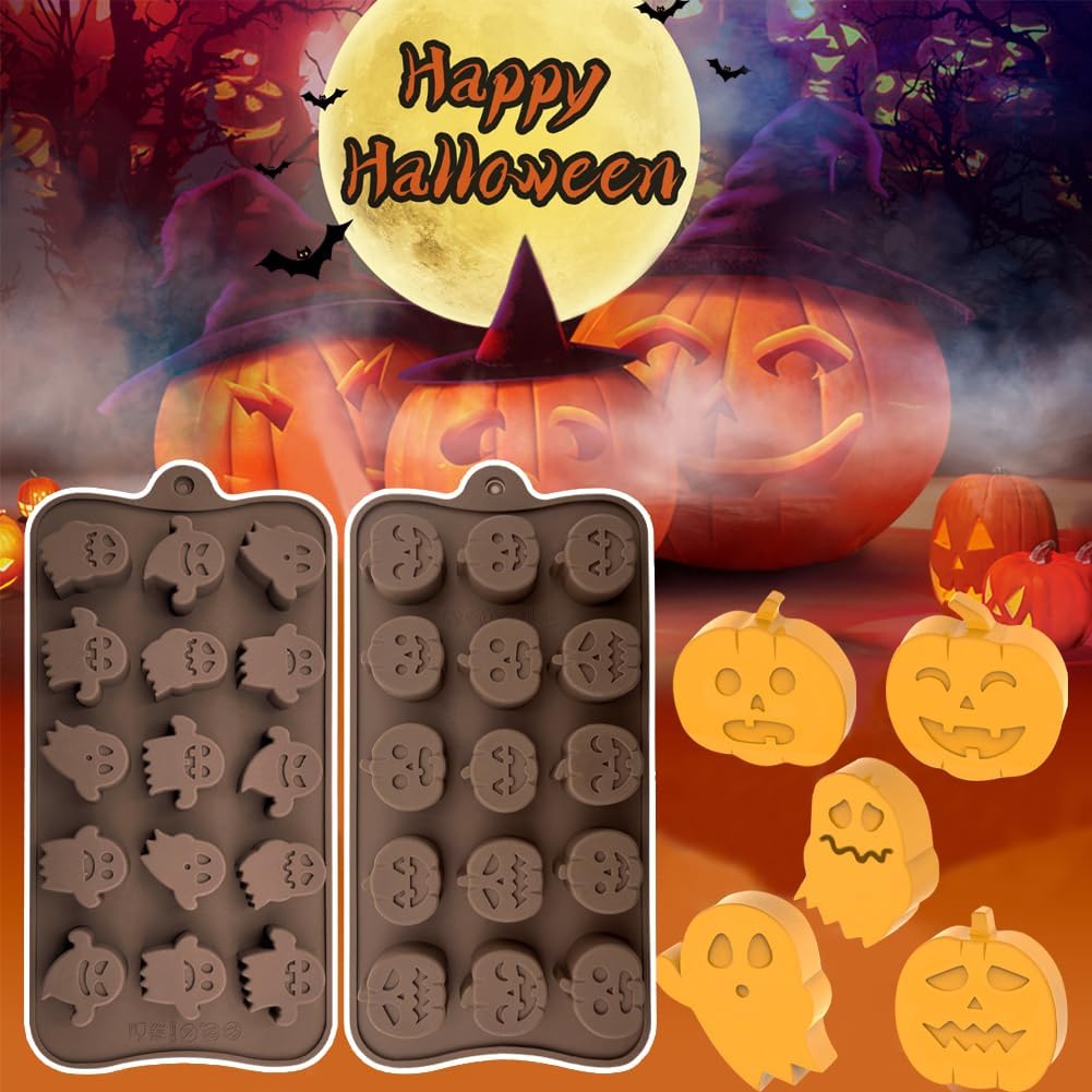 Paquete de 2 moldes de silicona con forma de calabaza y fantasma, moldes para hornear galletas de chocolate para Halloween, formas de calabaza y