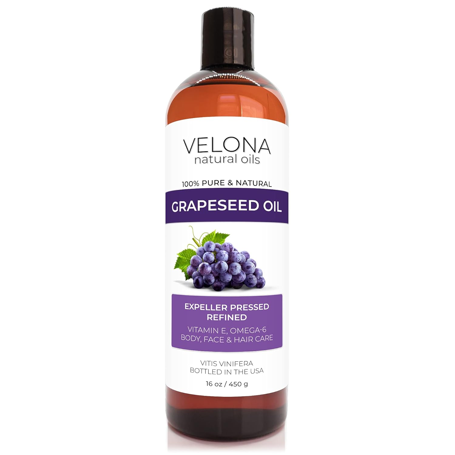velona Aceite de semilla de uva 16 onzas  Aceite portador 100% puro y natural  Refinado, prensado en frío  Cocina, piel, cara, cuerpo, cuidado del