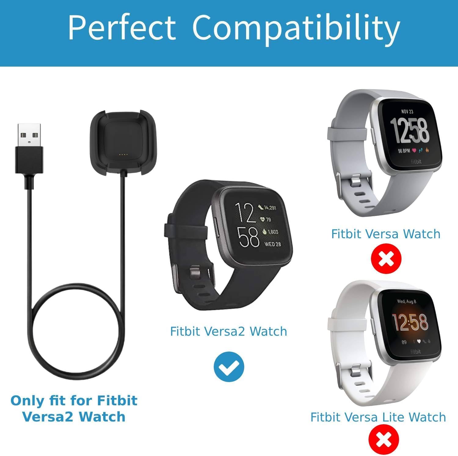 Cargador para Fitbit Versa 2, 2 unidades, 3.3 pies cable de carga de repuesto (imán fuerte)
