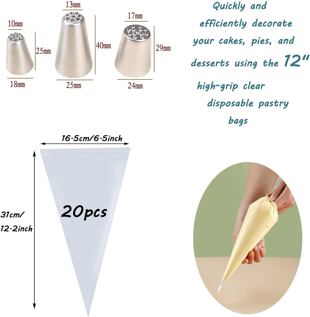 Puntas de glaseado de césped con bolsas desechables de 12 pulgadas, juego de decoración de pasteles para hierba, cabello, piel y más
